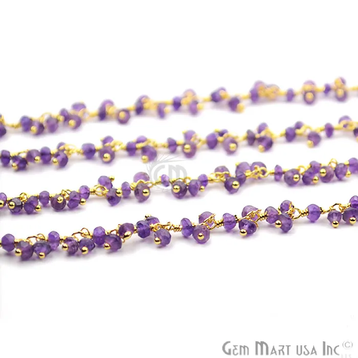 GemMartUSA Amethyst Round Faceted Gold Plated Cluster Beads Wire Wrapped Rosary Chain Charm Necklaces