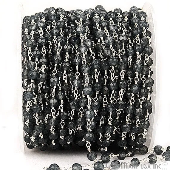 GemmartUSA Dark Gray Jade Beads Silver Plated Wire Wrapped Rosary Chain Necklaces GemmartUSA Dark Gray Jade Beads Silver Plated Wire Wrapped Rosary Chain Necklaces