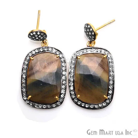GemMartUSA Earrings Brown Sapphire With Cubic Zirconia Pave Diamond 40x20mmGold Vermeil Dangle Drop Stud Earring