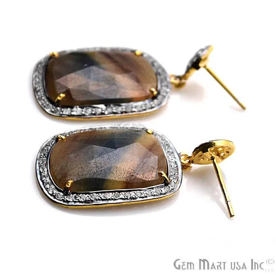 GemMartUSA Earrings Brown Sapphire With Cubic Zirconia Pave Diamond 40x20mmGold Vermeil Dangle Drop Stud Earring