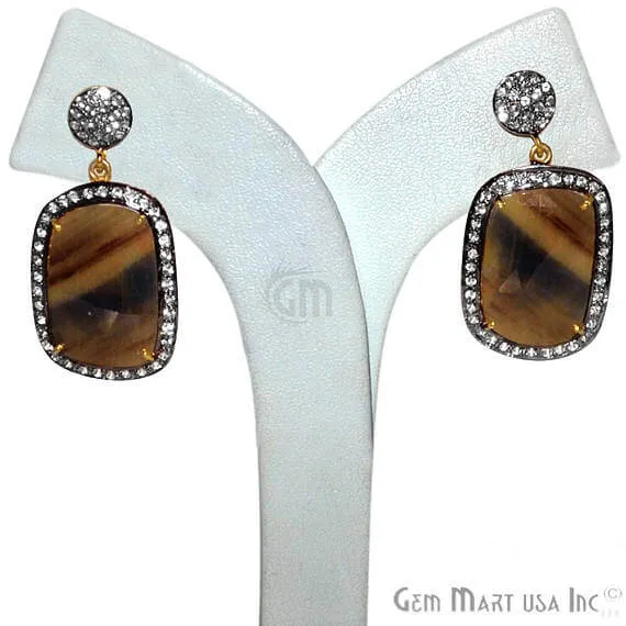 GemMartUSA Earrings Brown Sapphire With Cubic Zirconia Pave Diamond 40x20mmGold Vermeil Dangle Drop Stud Earring