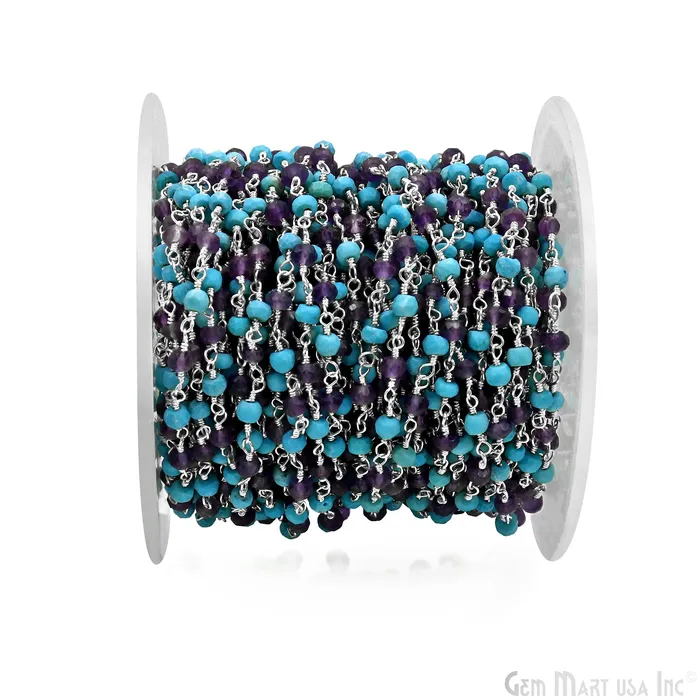 GemMartUSA Necklaces Amethyst Turquoise 335mm Silver Plated Beaded Wire Wrapped Rosary Chain GemMartUSA Necklaces Amethyst Turquoise 335mm Silver Plated Beaded Wire Wrapped Rosary Chain