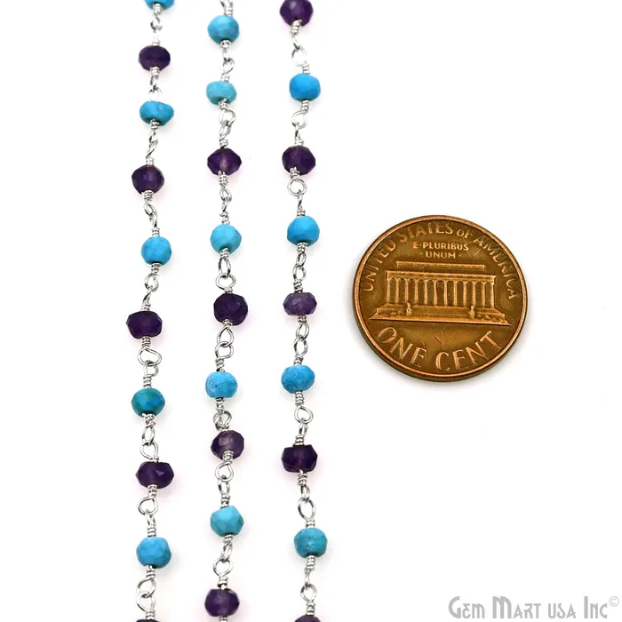 GemMartUSA Necklaces Amethyst Turquoise 335mm Silver Plated Beaded Wire Wrapped Rosary Chain