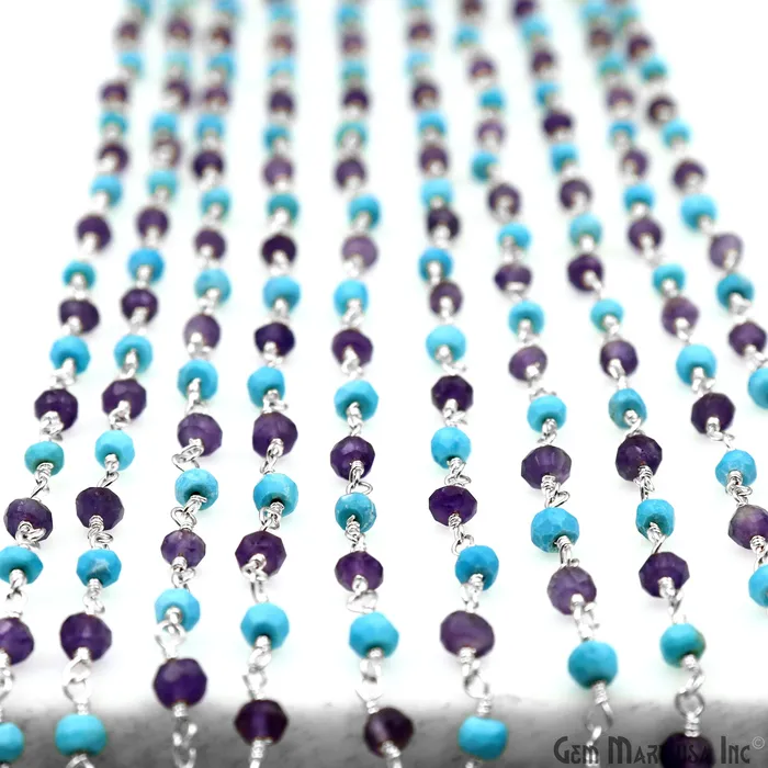 GemMartUSA Necklaces Amethyst Turquoise 335mm Silver Plated Beaded Wire Wrapped Rosary Chain
