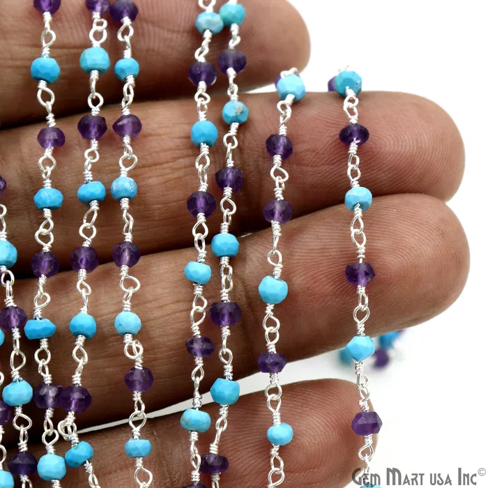 GemMartUSA Necklaces Amethyst Turquoise 335mm Silver Plated Beaded Wire Wrapped Rosary Chain