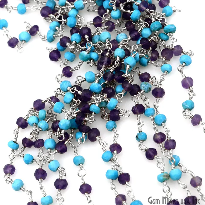 GemMartUSA Necklaces Amethyst Turquoise 335mm Silver Plated Beaded Wire Wrapped Rosary Chain