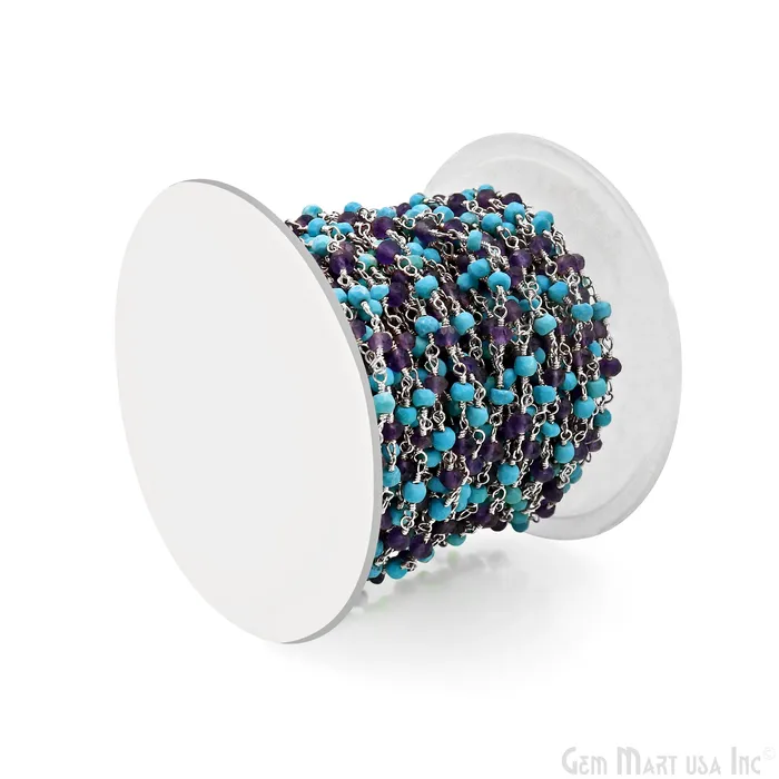 GemMartUSA Necklaces Amethyst Turquoise 335mm Silver Plated Beaded Wire Wrapped Rosary Chain