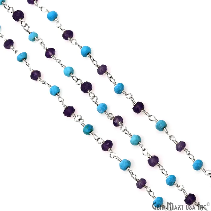 GemMartUSA Necklaces Amethyst Turquoise 335mm Silver Plated Beaded Wire Wrapped Rosary Chain