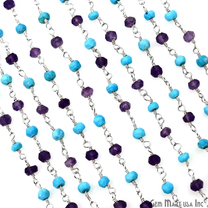 GemMartUSA Necklaces Amethyst Turquoise 335mm Silver Plated Beaded Wire Wrapped Rosary Chain