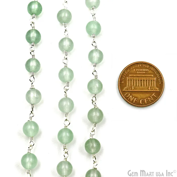 GemMartUSA Necklaces Aqua Jade Cabochon Beads 6mm Silver Plated Gemstone Rosary Chain GemMartUSA Necklaces Aqua Jade Cabochon Beads 6mm Silver Plated Gemstone Rosary Chain