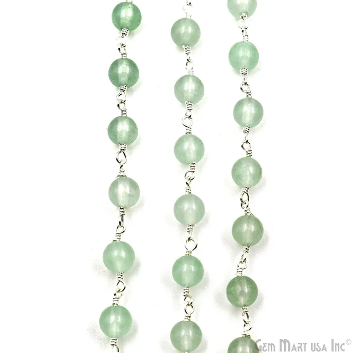 GemMartUSA Necklaces Aqua Jade Cabochon Beads 6mm Silver Plated Gemstone Rosary Chain GemMartUSA Necklaces Aqua Jade Cabochon Beads 6mm Silver Plated Gemstone Rosary Chain