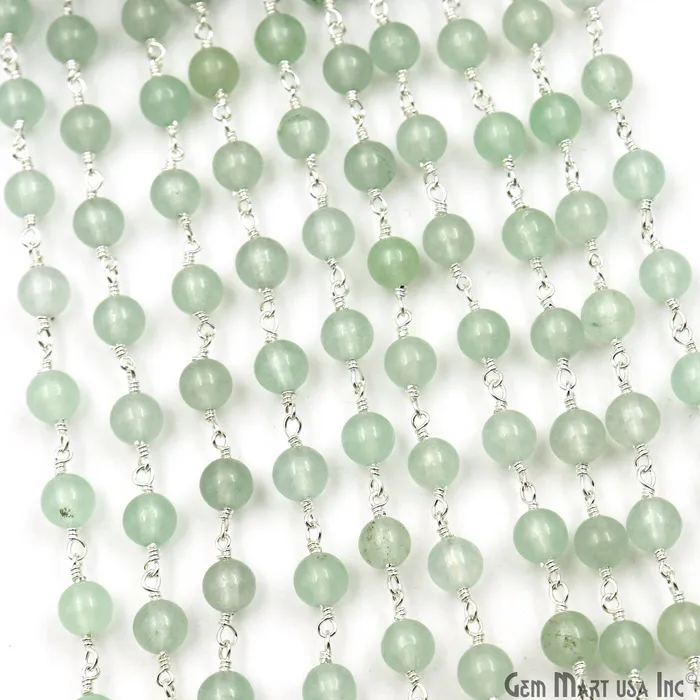 GemMartUSA Necklaces Aqua Jade Cabochon Beads 6mm Silver Plated Gemstone Rosary Chain GemMartUSA Necklaces Aqua Jade Cabochon Beads 6mm Silver Plated Gemstone Rosary Chain