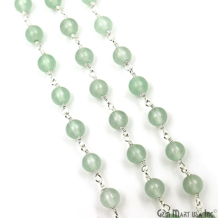 GemMartUSA Necklaces Aqua Jade Cabochon Beads 6mm Silver Plated Gemstone Rosary Chain GemMartUSA Necklaces Aqua Jade Cabochon Beads 6mm Silver Plated Gemstone Rosary Chain