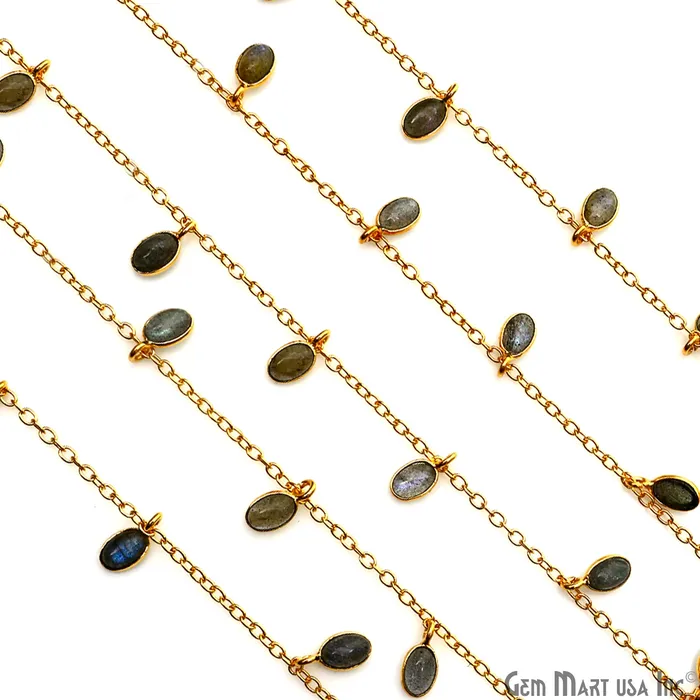 GemMartUSA Necklaces Labradorite Oval 6x4mm Gold Plated Bezel Dangle Rosary Chain GemMartUSA Necklaces Labradorite Oval 6x4mm Gold Plated Bezel Dangle Rosary Chain