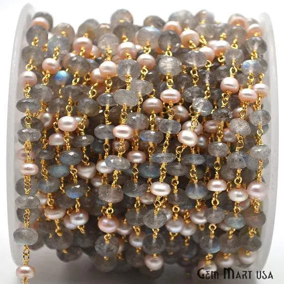 GemMartUSA Necklaces Labradorite Pink Pearl Gold Plated Wire Wrapped Beads Rosary Chain GemMartUSA Necklaces Labradorite Pink Pearl Gold Plated Wire Wrapped Beads Rosary Chain