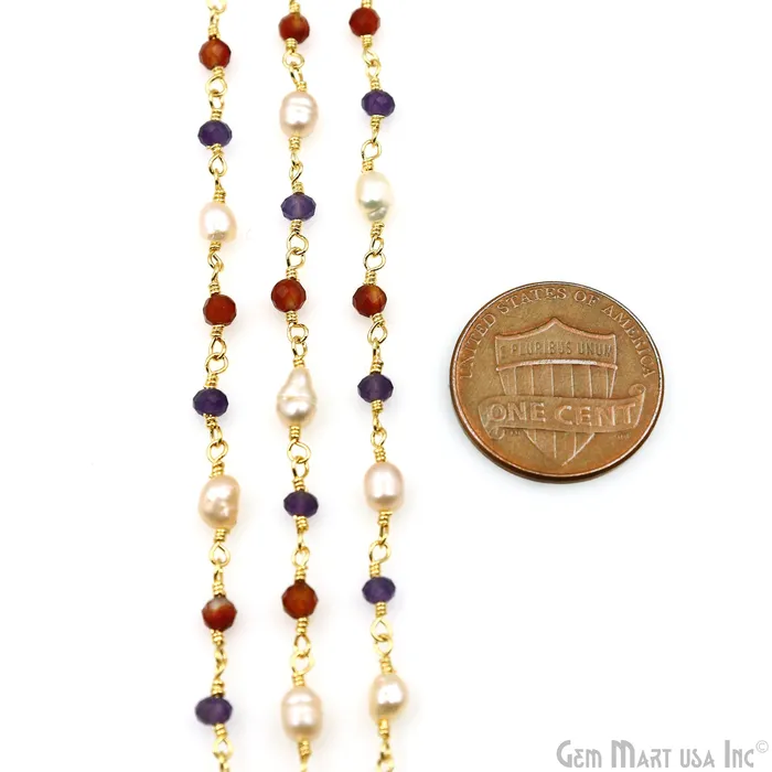 GemMartUSA Necklaces Multistone Faceted Beads With Pearl 335mm Gold Plated Wire Wrapped Beads Rosary Chain