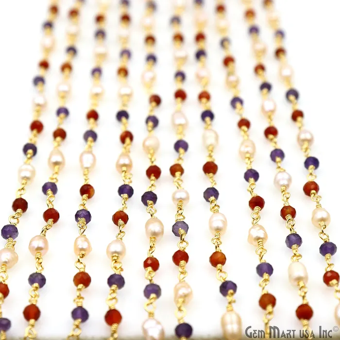 GemMartUSA Necklaces Multistone Faceted Beads With Pearl 335mm Gold Plated Wire Wrapped Beads Rosary Chain