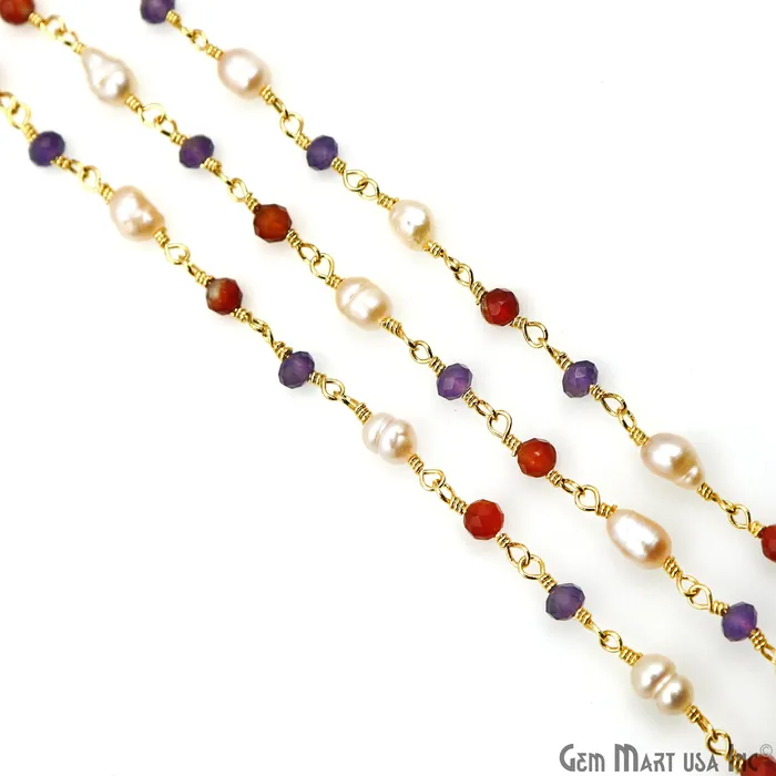 GemMartUSA Necklaces Multistone Faceted Beads With Pearl 335mm Gold Plated Wire Wrapped Beads Rosary Chain