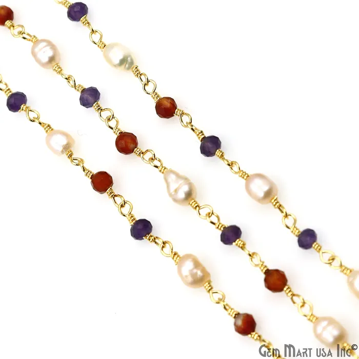 GemMartUSA Necklaces Multistone Faceted Beads With Pearl 335mm Gold Plated Wire Wrapped Beads Rosary Chain