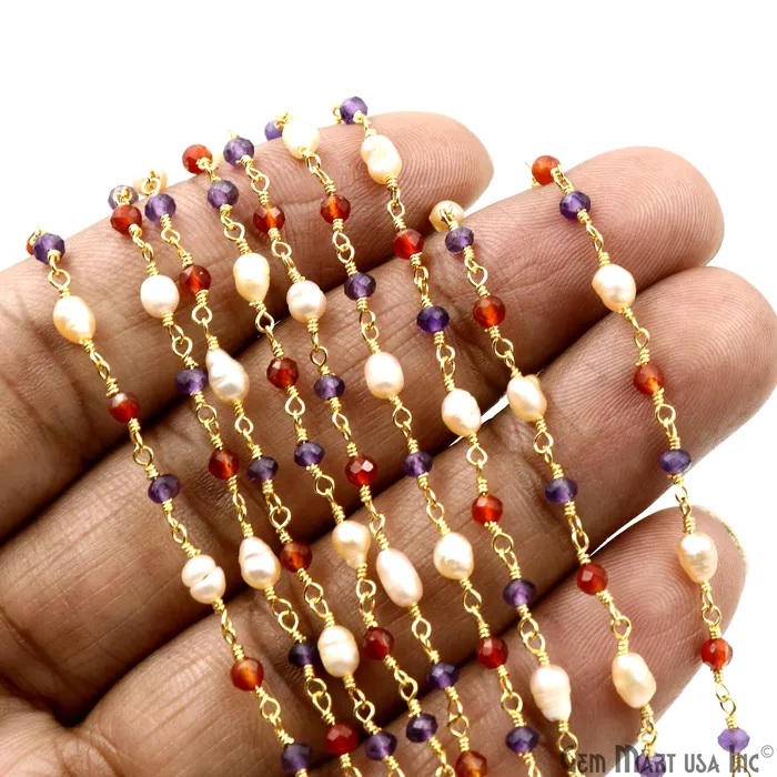 GemMartUSA Necklaces Multistone Faceted Beads With Pearl 335mm Gold Plated Wire Wrapped Beads Rosary Chain
