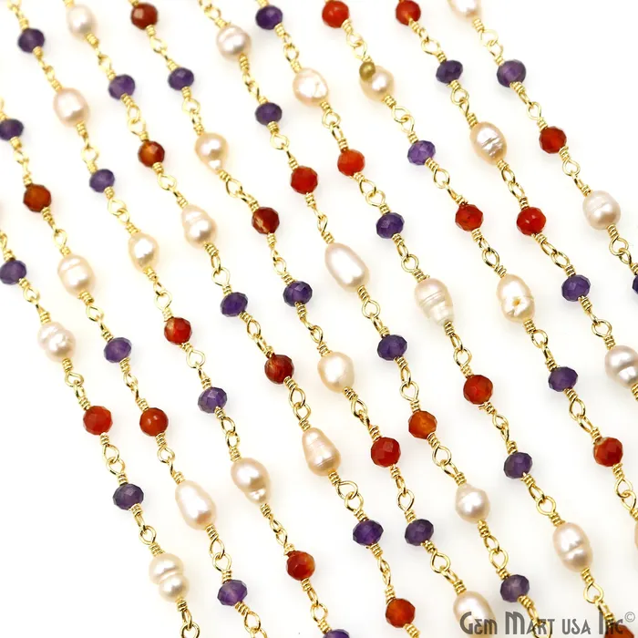 GemMartUSA Necklaces Multistone Faceted Beads With Pearl 335mm Gold Plated Wire Wrapped Beads Rosary Chain