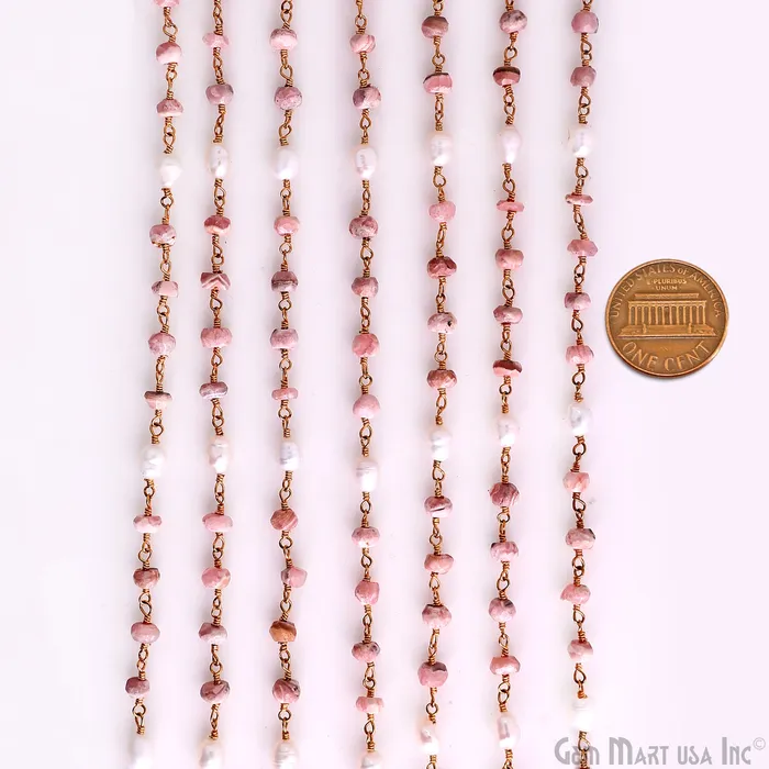 GemMartUSA Necklaces Rhodochrosite With Pearl Gold Wire Wrapped Beads Rosary Chain GemMartUSA Necklaces Rhodochrosite With Pearl Gold Wire Wrapped Beads Rosary Chain