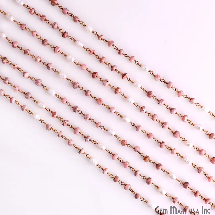 GemMartUSA Necklaces Rhodochrosite With Pearl Gold Wire Wrapped Beads Rosary Chain GemMartUSA Necklaces Rhodochrosite With Pearl Gold Wire Wrapped Beads Rosary Chain