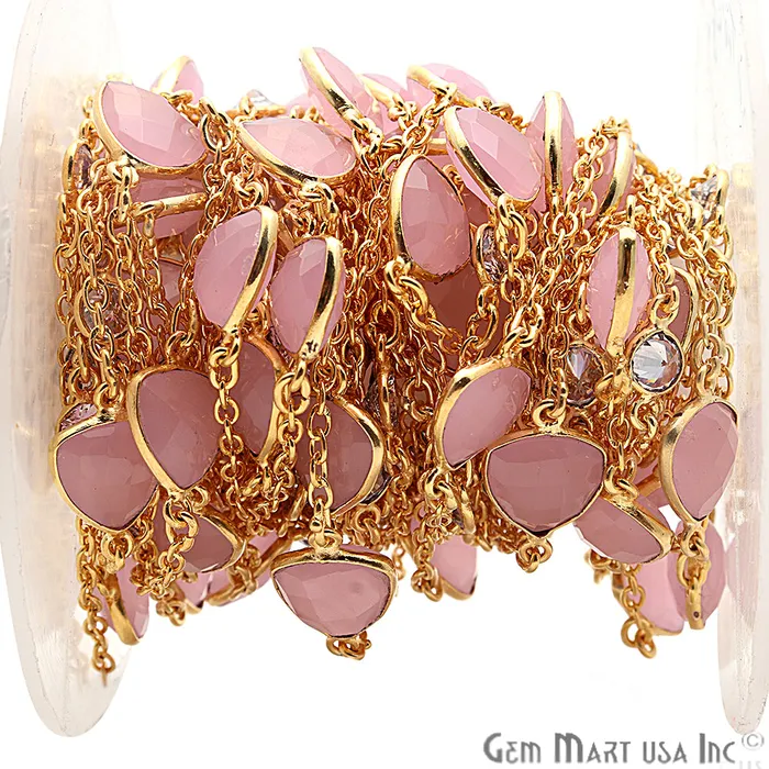 GemMartUSA Necklaces Rose Chalcedony 10mm With Crystal 5mm Gold Plated Bezel Link Connector Chain GemMartUSA Necklaces Rose Chalcedony 10mm With Crystal 5mm Gold Plated Bezel Link Connector Chain
