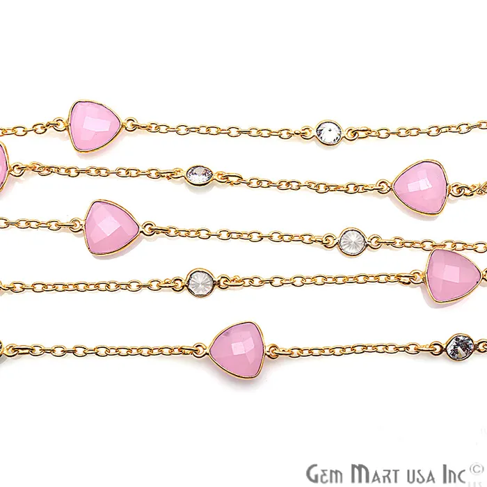 GemMartUSA Necklaces Rose Chalcedony 10mm With Crystal 5mm Gold Plated Bezel Link Connector Chain GemMartUSA Necklaces Rose Chalcedony 10mm With Crystal 5mm Gold Plated Bezel Link Connector Chain