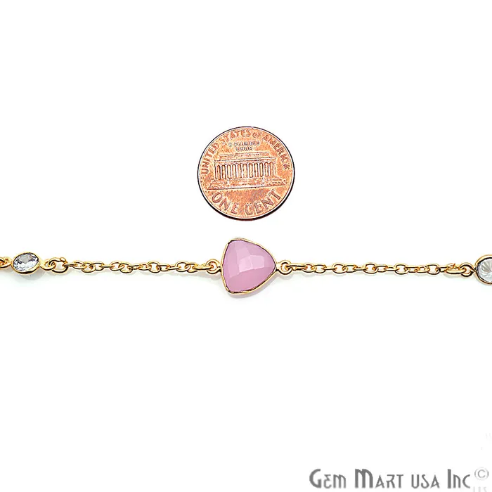 GemMartUSA Necklaces Rose Chalcedony 10mm With Crystal 5mm Gold Plated Bezel Link Connector Chain GemMartUSA Necklaces Rose Chalcedony 10mm With Crystal 5mm Gold Plated Bezel Link Connector Chain