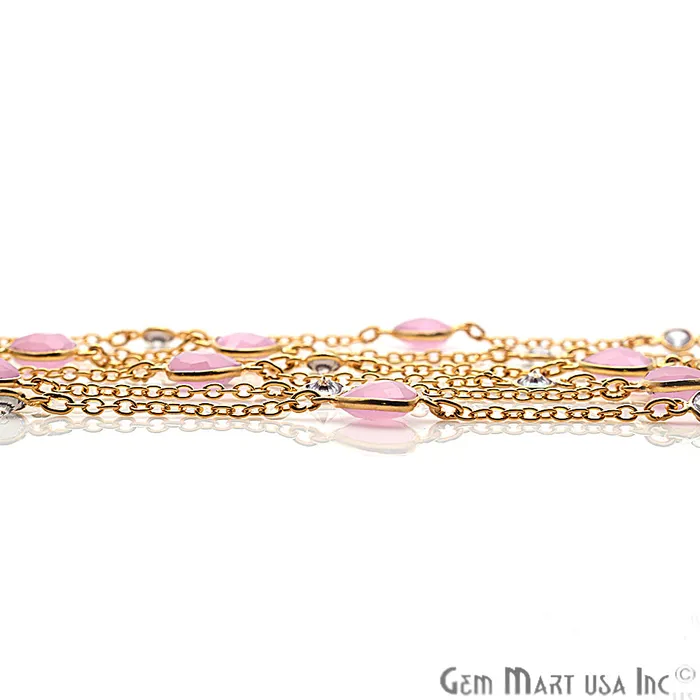 GemMartUSA Necklaces Rose Chalcedony 10mm With Crystal 5mm Gold Plated Bezel Link Connector Chain GemMartUSA Necklaces Rose Chalcedony 10mm With Crystal 5mm Gold Plated Bezel Link Connector Chain