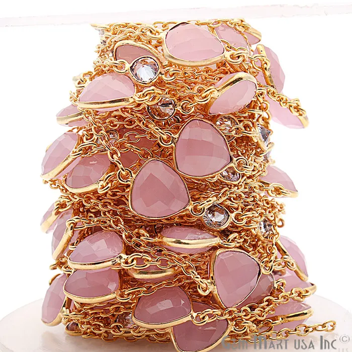 GemMartUSA Necklaces Rose Chalcedony 10mm With Crystal 5mm Gold Plated Bezel Link Connector Chain GemMartUSA Necklaces Rose Chalcedony 10mm With Crystal 5mm Gold Plated Bezel Link Connector Chain