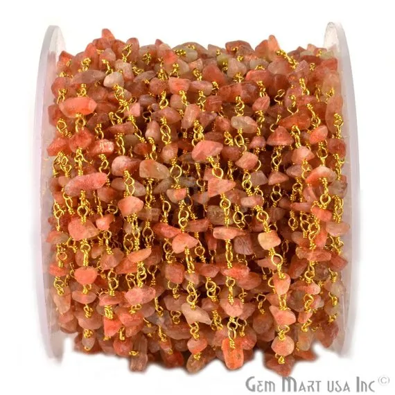 GemmartUSA Necklaces Sun Stone 46mm Nugget Chip Beads Gold Plated Rosary Chain GemmartUSA Necklaces Sun Stone 46mm Nugget Chip Beads Gold Plated Rosary Chain