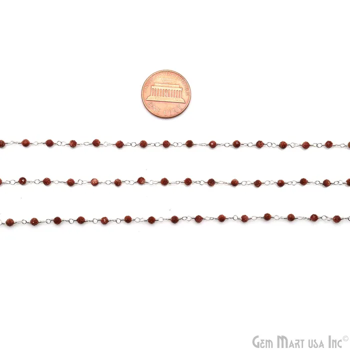 GemMartUSA Necklaces Synthetic Sunstone Faceted 335mm Silver Plated Beaded Wire Wrapped Rosary Chain
