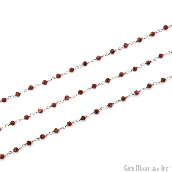 GemMartUSA Necklaces Synthetic Sunstone Faceted 335mm Silver Plated Beaded Wire Wrapped Rosary Chain
