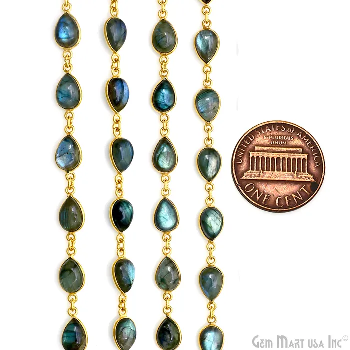 GemMartUSA PreStyled Sets Labradorite Cabochon Pears 7x11mm Gold Plated Bezel Continuous Connector Chain