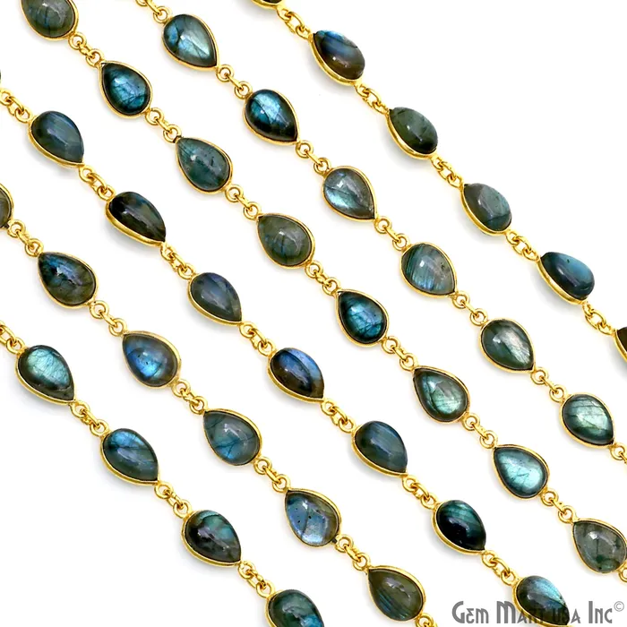 GemMartUSA PreStyled Sets Labradorite Cabochon Pears 7x11mm Gold Plated Bezel Continuous Connector Chain