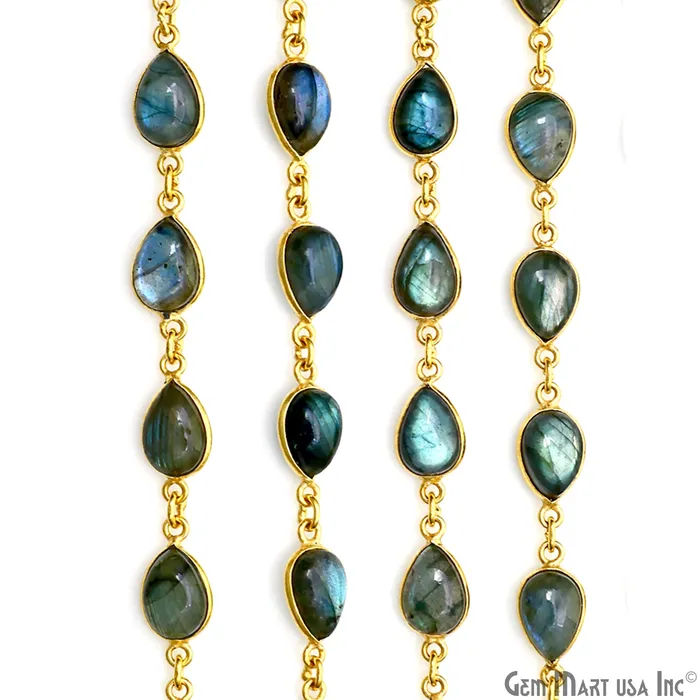 GemMartUSA PreStyled Sets Labradorite Cabochon Pears 7x11mm Gold Plated Bezel Continuous Connector Chain