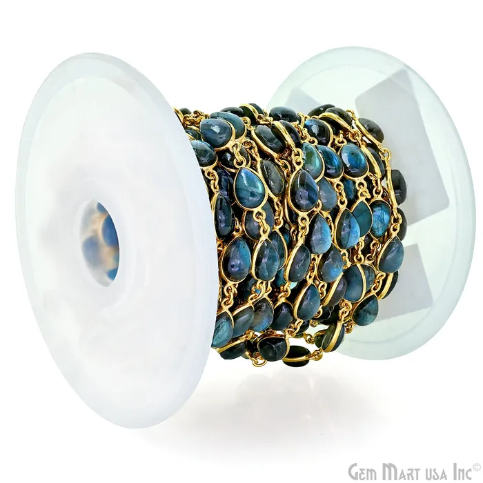GemMartUSA PreStyled Sets Labradorite Cabochon Pears 7x11mm Gold Plated Bezel Continuous Connector Chain