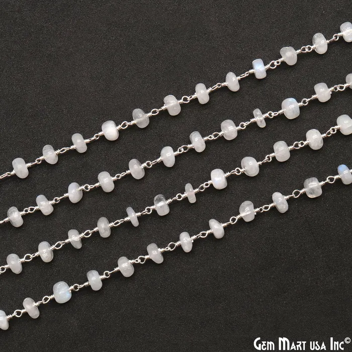 GemMartUSA Rainbow Moonstone Cabochon 56mm Silver Wire Wrapped Rosary Chain Necklaces GemMartUSA Rainbow Moonstone Cabochon 56mm Silver Wire Wrapped Rosary Chain Necklaces
