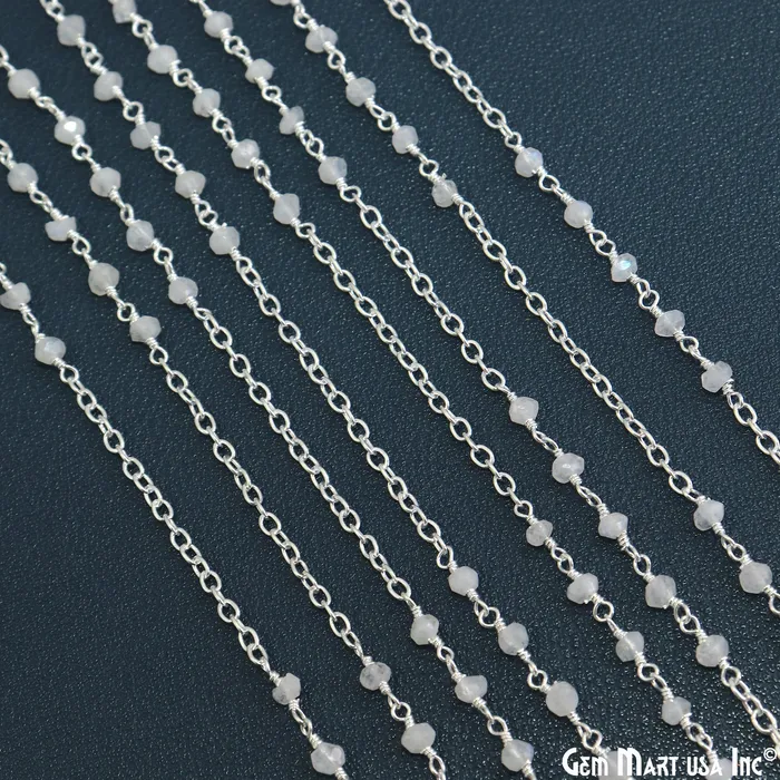 GemMartUSA Rainbow Moonstone Faceted Beads 335mm Gemstone Beaded Silver Plated Wire Wrapped Rosary Chain Necklaces