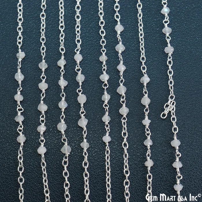 GemMartUSA Rainbow Moonstone Faceted Beads 335mm Gemstone Beaded Silver Plated Wire Wrapped Rosary Chain Necklaces