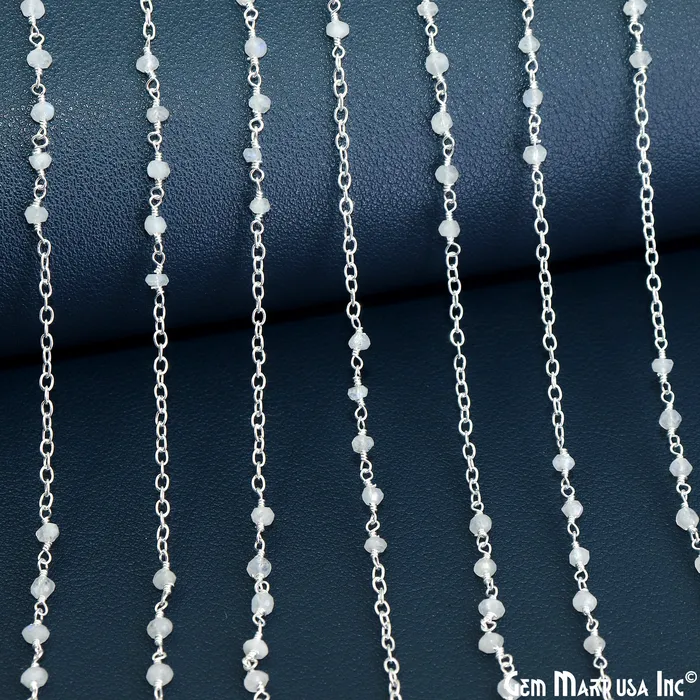 GemMartUSA Rainbow Moonstone Faceted Beads 335mm Gemstone Beaded Silver Plated Wire Wrapped Rosary Chain Necklaces