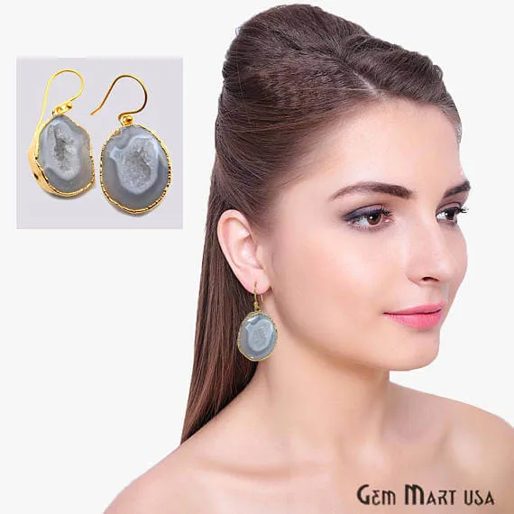 Grey Geode Druzy Organic Shape 27x19mm Gold Electroplated Gemstone Dangle Hook Earring GemMartUSA Earrings Grey Geode Druzy Organic Shape 27x19mm Gold Electroplated Gemstone Dangle Hook Earring GemMartUSA Earrings