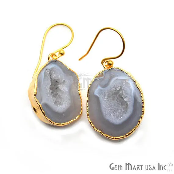 Grey Geode Druzy Organic Shape 27x19mm Gold Electroplated Gemstone Dangle Hook Earring GemMartUSA Earrings