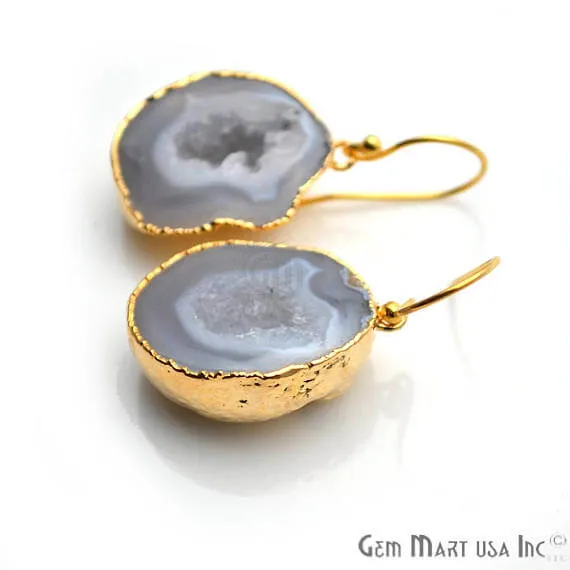 Grey Geode Druzy Organic Shape 27x19mm Gold Electroplated Gemstone Dangle Hook Earring GemMartUSA Earrings