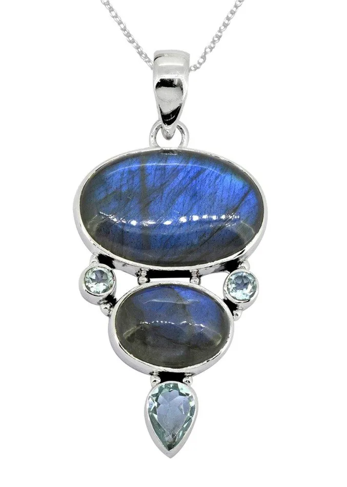 Labradorite Blue Topaz Solid 925 Sterling Silver Pendant Necklace YoTreasure Necklaces Labradorite Blue Topaz Solid 925 Sterling Silver Pendant Necklace YoTreasure Necklaces