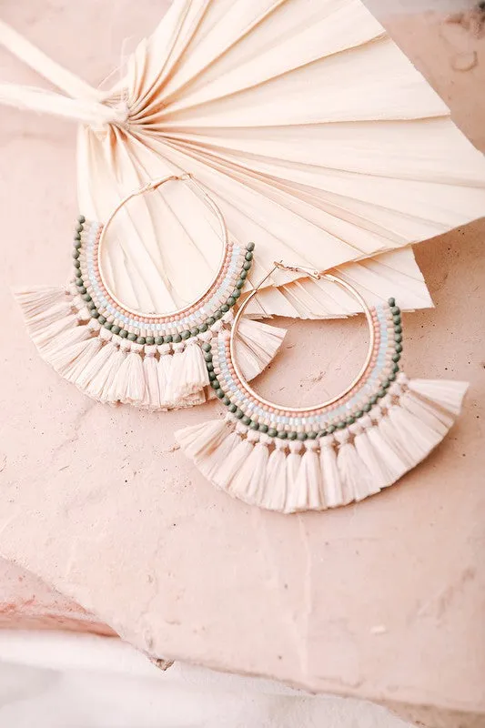 Leto Accessories Natural Bead and Raffia Fan Hoop Earrings Leto Accessories Earrings Leto Accessories Natural Bead and Raffia Fan Hoop Earrings Leto Accessories Earrings