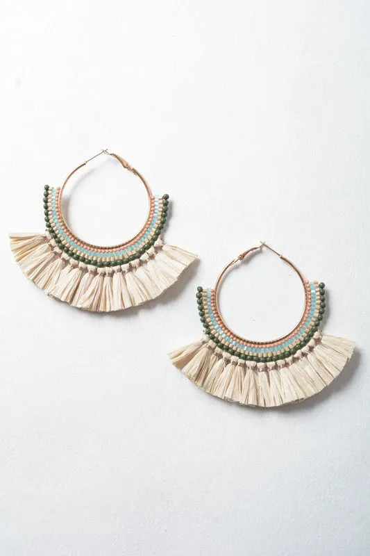 Leto Accessories Natural Bead and Raffia Fan Hoop Earrings Leto Accessories Earrings