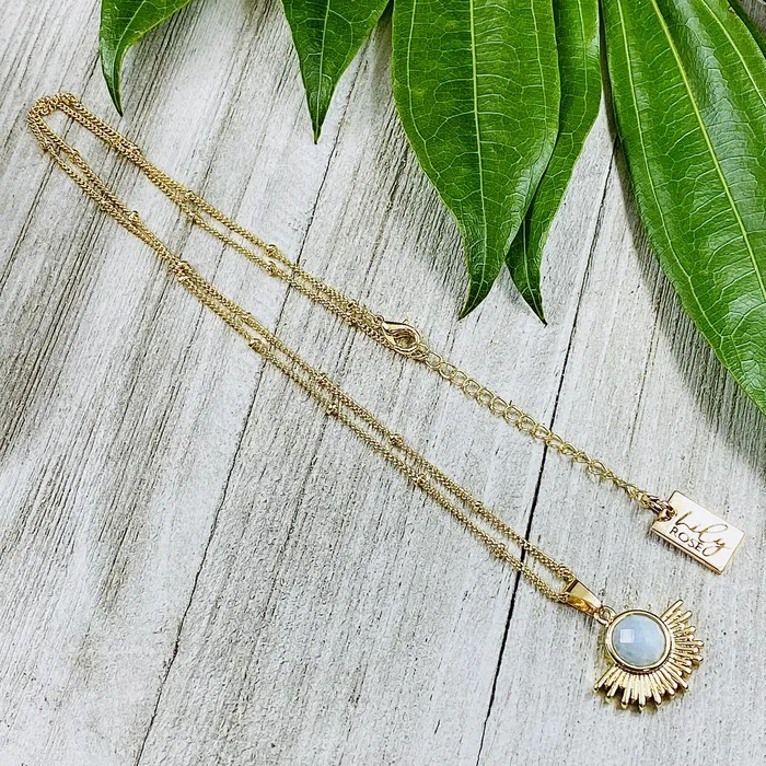 Lily Rose Jewelry Necklaces Aquamarine Ray of Light Sunburst Purity Sun Pendant 18 Gold Necklace